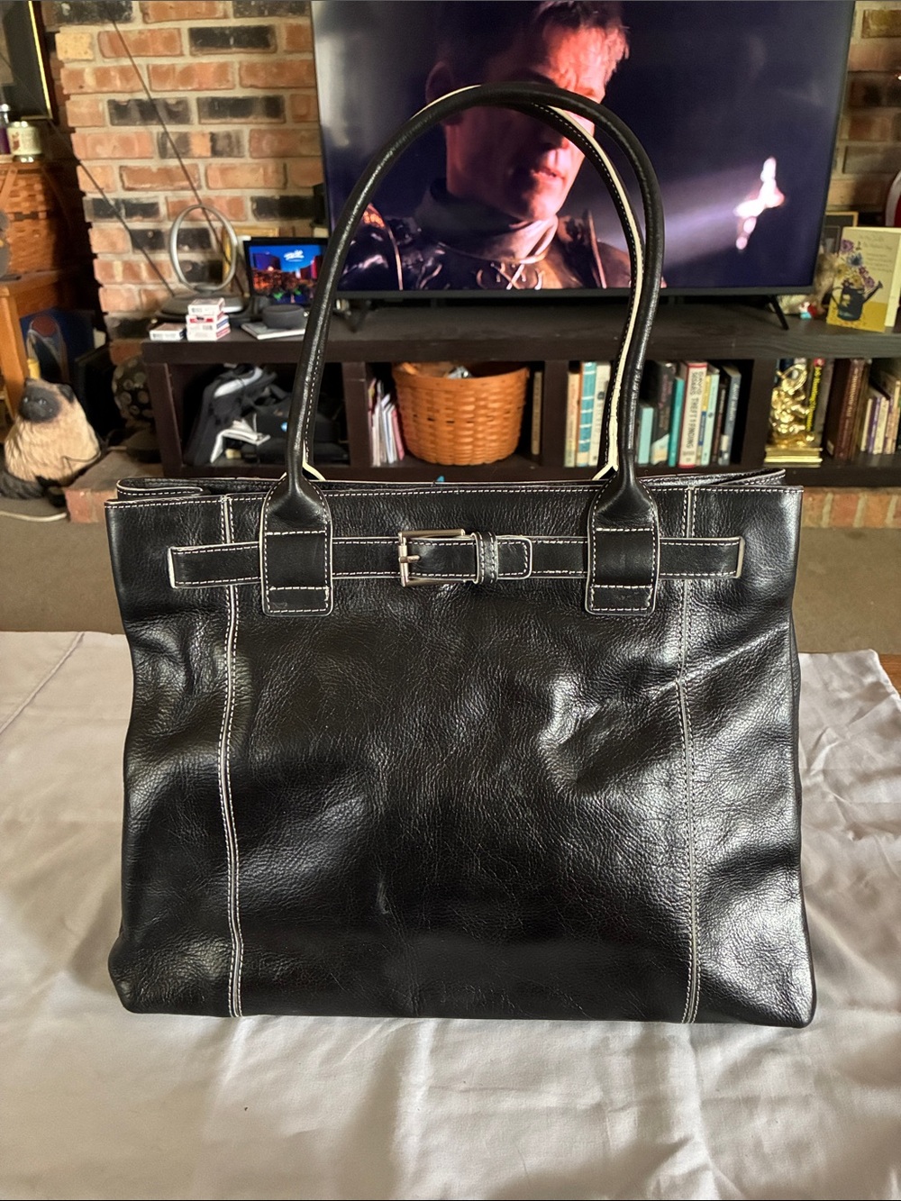 Kenneth Cole Black Leather Tote Bag with Contrast Stitching